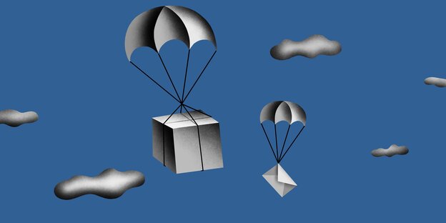 Illustration mit Fallschirmen, an denen Pakete hängen