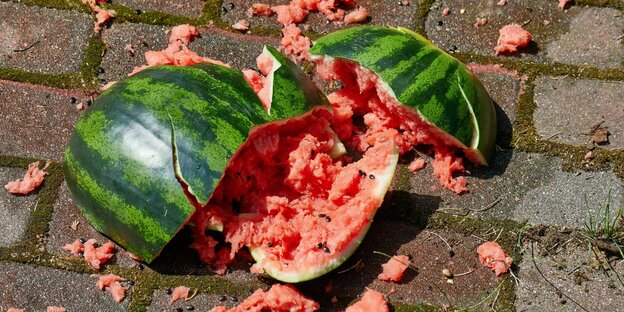 Eine zermatschte Melone auf dem Bürgersteig