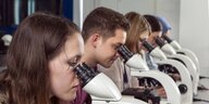 Studentinnen schauen in Mikroskope