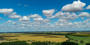 Panoramablick von einem Hügel aus über eine gegend mit Bäumen und Feldern, auf denen Windräder stehen.