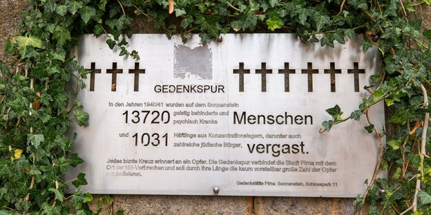 Mahntafel mit eingravierten Kreuzen und Inschrift für die 13720 geistig behinderte und psychisch Kranken Menschen und 1031 Häftlinge aus Konzentrationslagern und zahlreiche jüdische Bürger die in Pirna Sonnenstein ermordet wurden