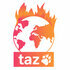 Das Logo zeigt eine brennende Erde und darunter den Schriftzug taz