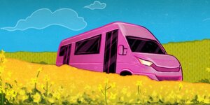 Ein pinkfarbener kleiner Bus fährt durch eine gelb blühende Landschaft