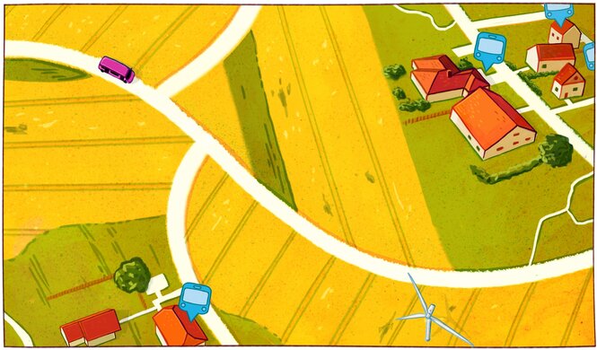 Eine dörfliche Landschaft von oben, Bus fährt auf einer Strasse zwischen wenigen Häusern