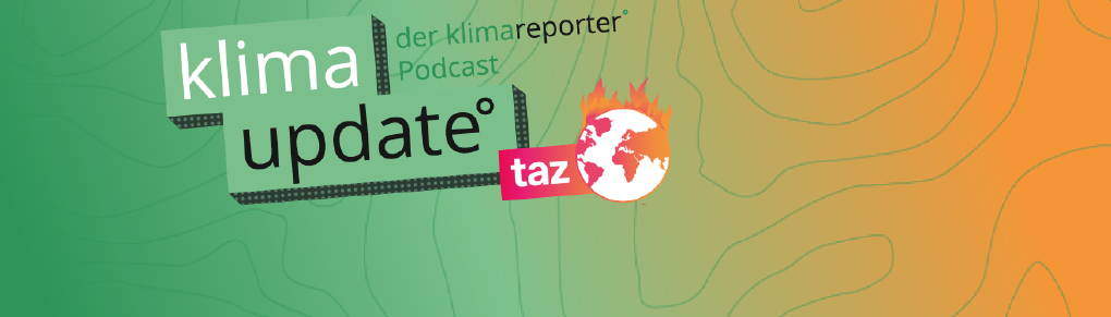 Schriftzug "Klimaupdate" und das taz-Klimahub-Logo mit einer Illustration einer brennenden Erde