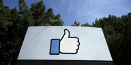 Das Facebook - Logo mit dem erhobenen Daumen ist auf einer großen Leinwand vor einer Baumkulisse und blauem Himmel zusehen