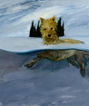 Ein gemaltes Bild, ein Terrier schwimmt, hinter ihm eine Insel mit Bäumen Ein gemaltes Bild, ein Terrier schwimmt, hinter ihm eine Insel mit Bäumen