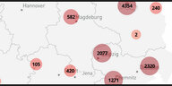 Ausschnitt der Interaktive Karte der website Tatort Rechts zeigt Anzahlen recter Übergriffe in verschiedenen Regionen