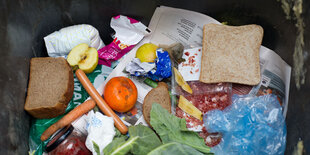 Brotscheiben, eine Orange, eine Windel, Möhren, eine Plastiktüte und mehr bilden einen Müllhaufen