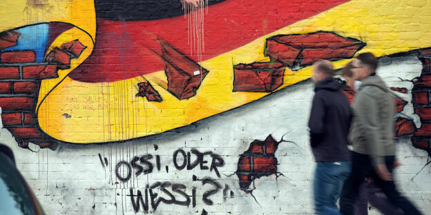 Passanten gehen an einem Wandbild von Caspar Kirchner mit der deutschen Nationalflagge und dem Schriftzug "Ossi oder Wessi? vorbei