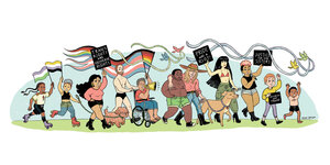 Eine bunte Illustration zum Trans Pride Berlin mit vielen verschienen Menschen samt Plakaten