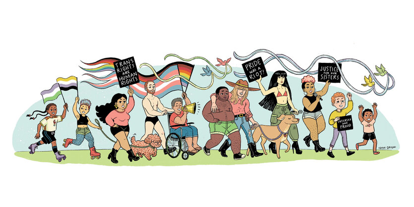 Eine bunte Illustration zum Trans Pride Berlin mit vielen verschienen Menschen samt Plakaten