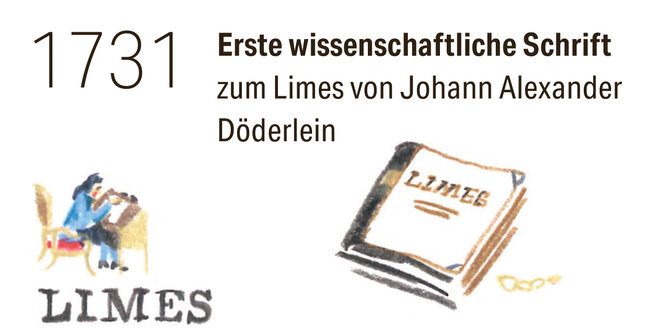 Illustration eines Mannes am Schreibtisch und eines Buches mit dem Titel "Limes"