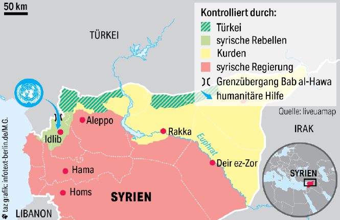 Eine Karte von Syrien, in der die unterschiedlichen Gebiete und Kräfte eingezeichnet sind.