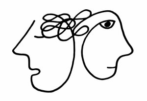 Zwei Gesichter sind durch eine Krakelzeichnung miteinander verbunden Zwei Gesichter sind durch eine Krakelzeichnung miteinander verbunden