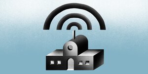 Schematische Zeichnung eines Hauses, darüber drei Wellen, die das Internet symbolisieren sollen