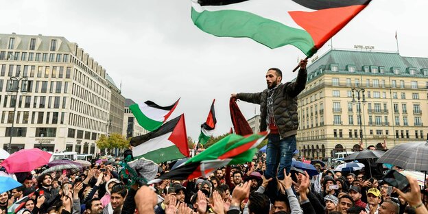 Männer auf einer Demo schwenken große Palästina-Flaggen