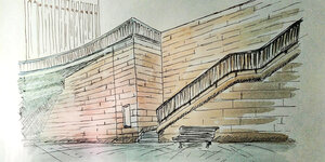 Eine Skizze zeigt den Standort des „Arisierungs“-Mahnmals bei einer Treppe am Tiefer.