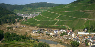 Weinberge an einem Flussbett nach einem Hochwasser.