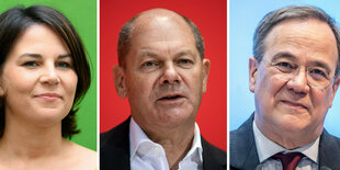 Drei Portraits der Kanzlerkanditat:innen Annalena Bearbock, Olaf Scholz und Armin Laschet nebeneinander