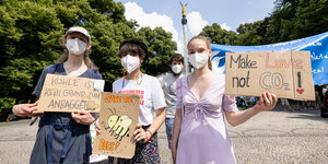 Im Vordergrund: Drei junge Menschen mit Masken und Schildern, die ökologische Forderungen abbilden.