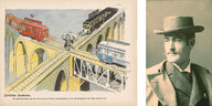 In der Karikatur sieht man ein Schienenkreuz, drei Züge fahren darauf und auf einen Mann in der Mitte zu. Daneben ein fotografisches Porträt von Feininger.