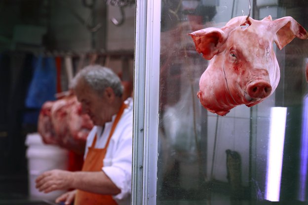 Ein Schweinekopf hängt in einer Metzgerei in Griechenland