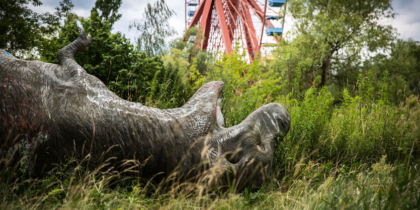 Eine Dinofigur liegt inmitten hohen Grases auf dem Rücken.