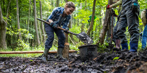 Freiwillige des Bergwaldprojekts bauen aus Holz eine Wassersperre und bereiten so die Wiedervernässung von Moorflächen vor.