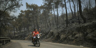 Ein Motorradfahrer und sein Sozius fahren durch einen verbrannten Wald nahe der türkischen Stadt Bodrum