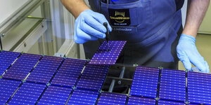 Ein Mann mit blauen Handschuhen bei der Solarzellen Herstellung