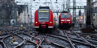 Zwei Züge stehen nebeneinander auf einem Rangierbahnhof