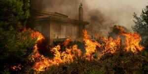 Ein Haus wird von den Flammen eines Waldbrandes erfasst