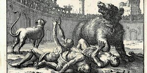 Ein sehr altes Porträt zeigt, wie drei Männer in einer Arena gege einen Bären kämpfen