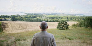 Ein Mann schaut über ein weites gelbes Feld.