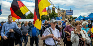 Anhänger der AfD stehen mit Deutschlandfahnen zum Auftakt der Wahlkampftour der AfD vor dem Schweriner Schloss