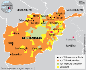 Karte zeigt, in welchen Regionen Afghanistan von den Taliban kontrolliert oder bekämpft wird. Es bleiben nur noch ein paar Regionen in der Mitte des Landes, die unter Kontrolle der Regierung sind Karte zeigt, in welchen Regionen Afghanistan von den Taliban kontrolliert oder bekämpft wird. Es bleiben nur noch ein paar Regionen in der Mitte des Landes, die unter Kontrolle der Regierung sind