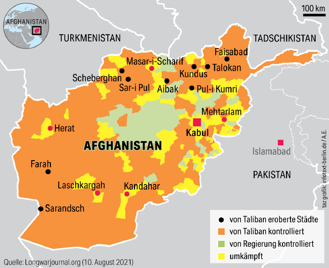 Karte zeigt, in welchen Regionen Afghanistan von den Taliban kontrolliert oder bekämpft wird. Es bleiben nur noch ein paar Regionen in der Mitte des Landes, die unter Kontrolle der Regierung sind