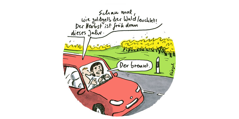 Illustration: Ein Mann und eine Frau sitzen in einem Auto, das auf einer Straße an einem brennenden Wald vorbeifährt