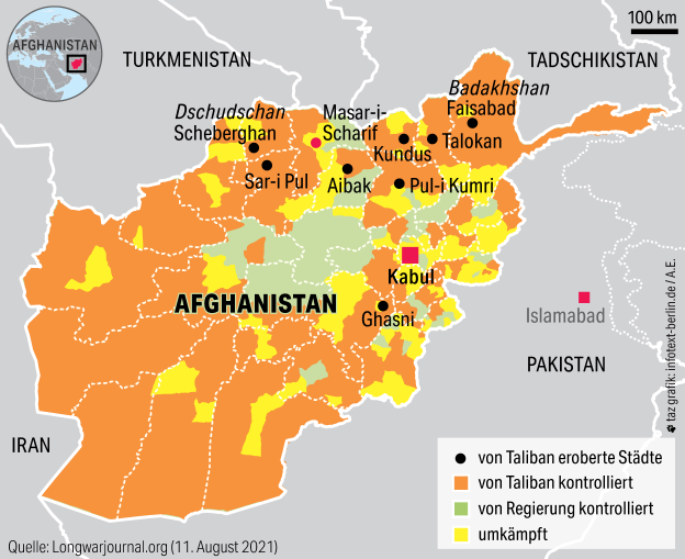 Karte von Afghanistan mit den jeweils von den Kriegsparteien kontrollierten Gebieten und denen, die umkämpft sind