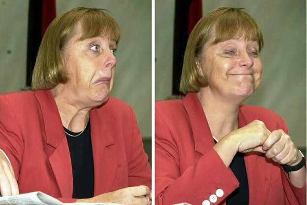 Zwei Bilder von Merkel mit lebhaften Gesichtsausdrücken Zwei Bilder von Merkel mit lebhaften Gesichtsausdrücken