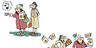 Zwei Comicfiguren aus Touché, die alten Damen Hanni und Nanni klingeln mit ihrer Zeitschrift in der Hand erst an einer Klingel, dann rennen sie beide weg