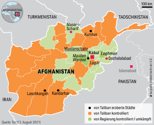 eine Karte von Afghanistan, in der einzelne Städte und Provinzen eingezeichnet sind und auch, wer diese aktuell besetzt (Stand 13. August 2021).