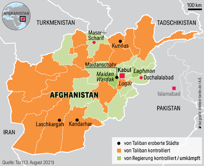 eine Karte von Afghanistan, in der einzelne Städte und Provinzen eingezeichnet sind und auch, wer diese aktuell besetzt (Stand 13. August 2021).