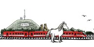 Ein Pferd vor einem roten Zug, im Hintergrund ein kahler Berg