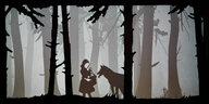 schwarz weißes Bild, Rotkäppchen und der Wolf neben Baumstämmen
