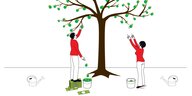 Eine Illustration zeigt zwei Menschen die nach den Äpfeln an einem Baum greifen