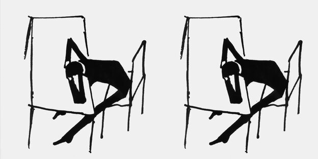 Ein Piktogramm zeigt, wie ein Mensch auf einem Stuhl sitzt und den Kopf auf den Tisch vor sich legt. Die Arme sind angewinkelt, die Hände sind in der Nähe des Kopfs. Daneben ist die selbe Zeichnung abgebildet.