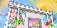 Eine Illustration zeigt den Salomon-Tempel in Sao Paolo, davor recken Menschen Hädne in die Luft, um eine Säule windet sich der Haken des AfD-Logos