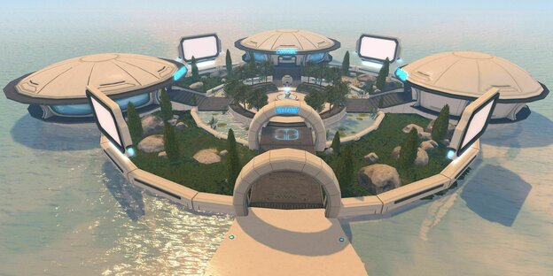 Eine virtuelle Insel aus dem Spiel "Second Life", mit einem einladenden Garten und dem Wort "Welcome" über dem Torbogen